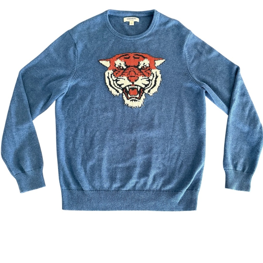 Goodthreads Blue Crewneck Long Sleeve Sweater Tiger Design Cotton Knit Large
